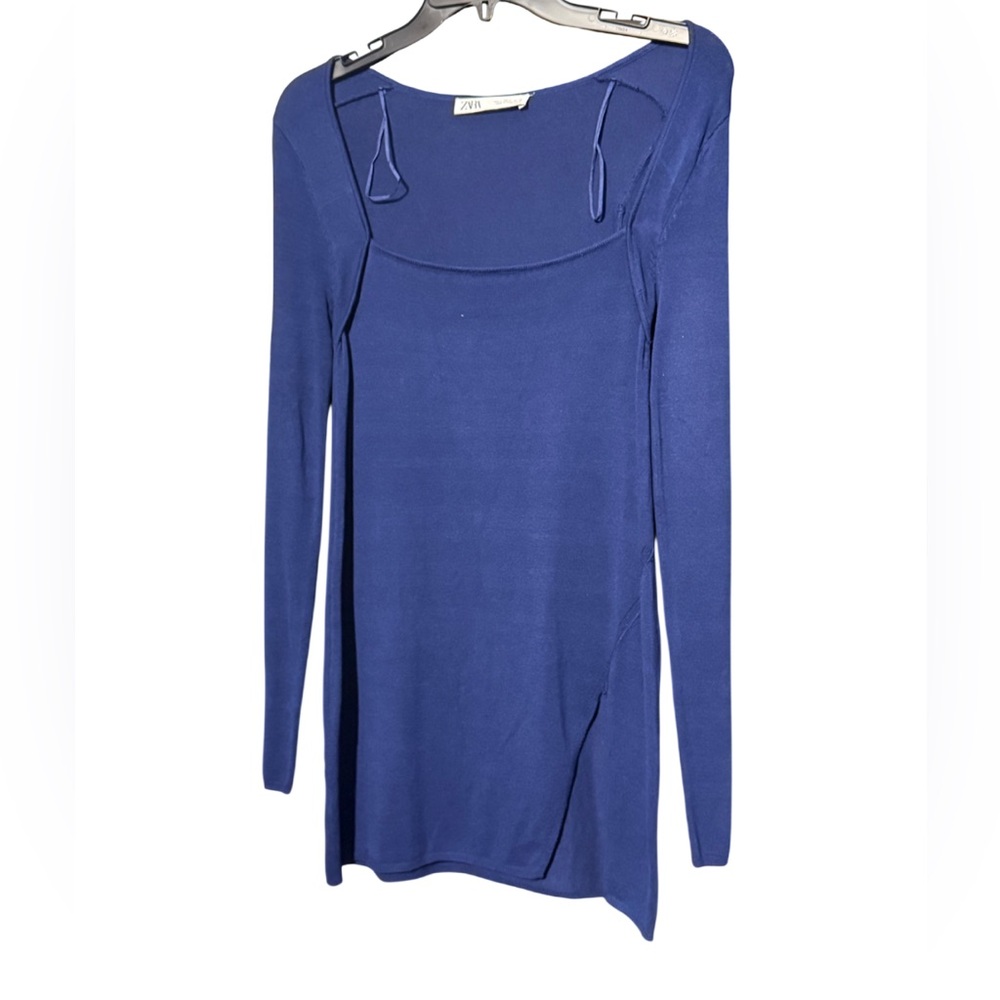 ZARA Blue Long Sleeve Dress Size Small Stretch Scoop Neck Mini Dress
